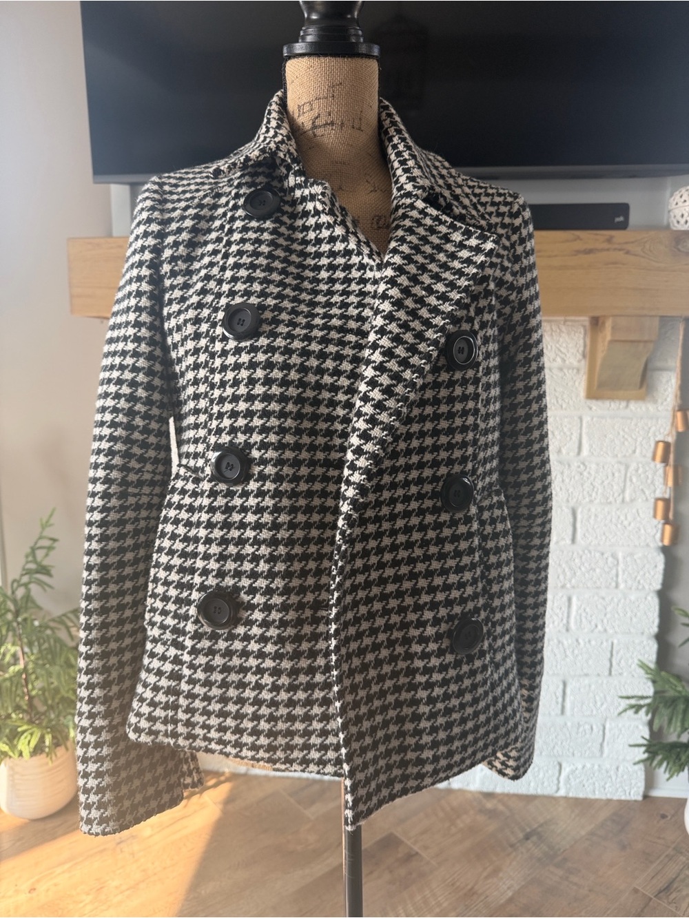 Mudd Black and White Houndstooth Double-Breasted Peacoat